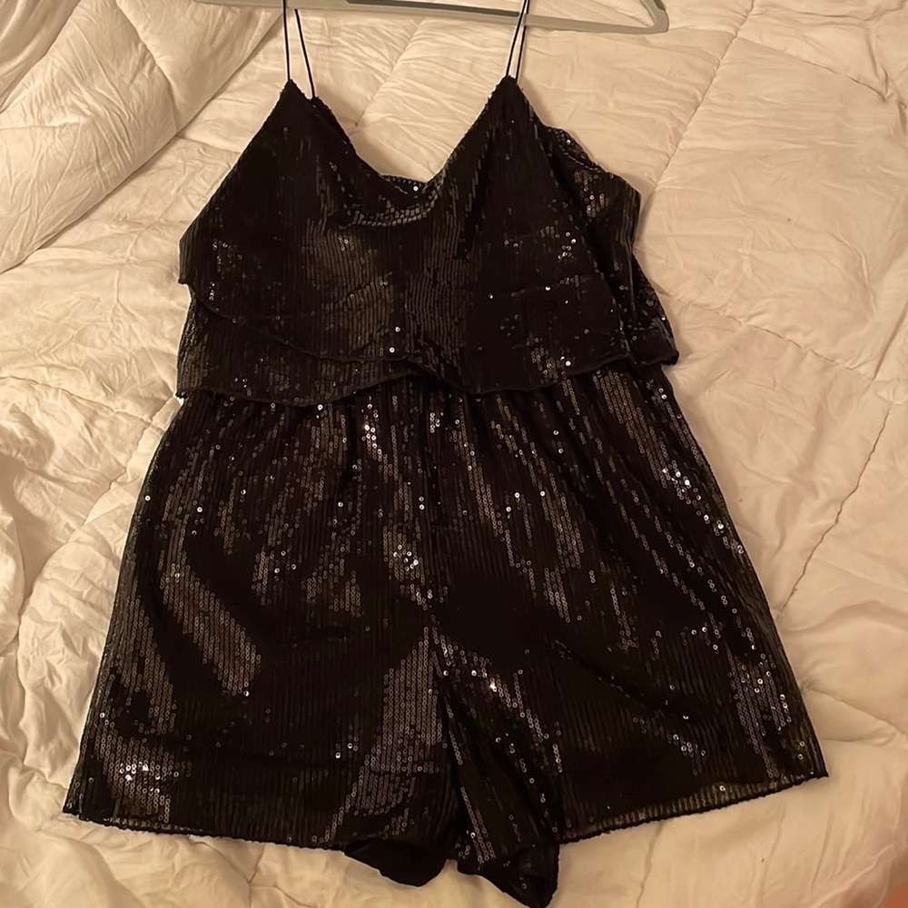 Sparkly romper, layered top, elastic spaghetti strap